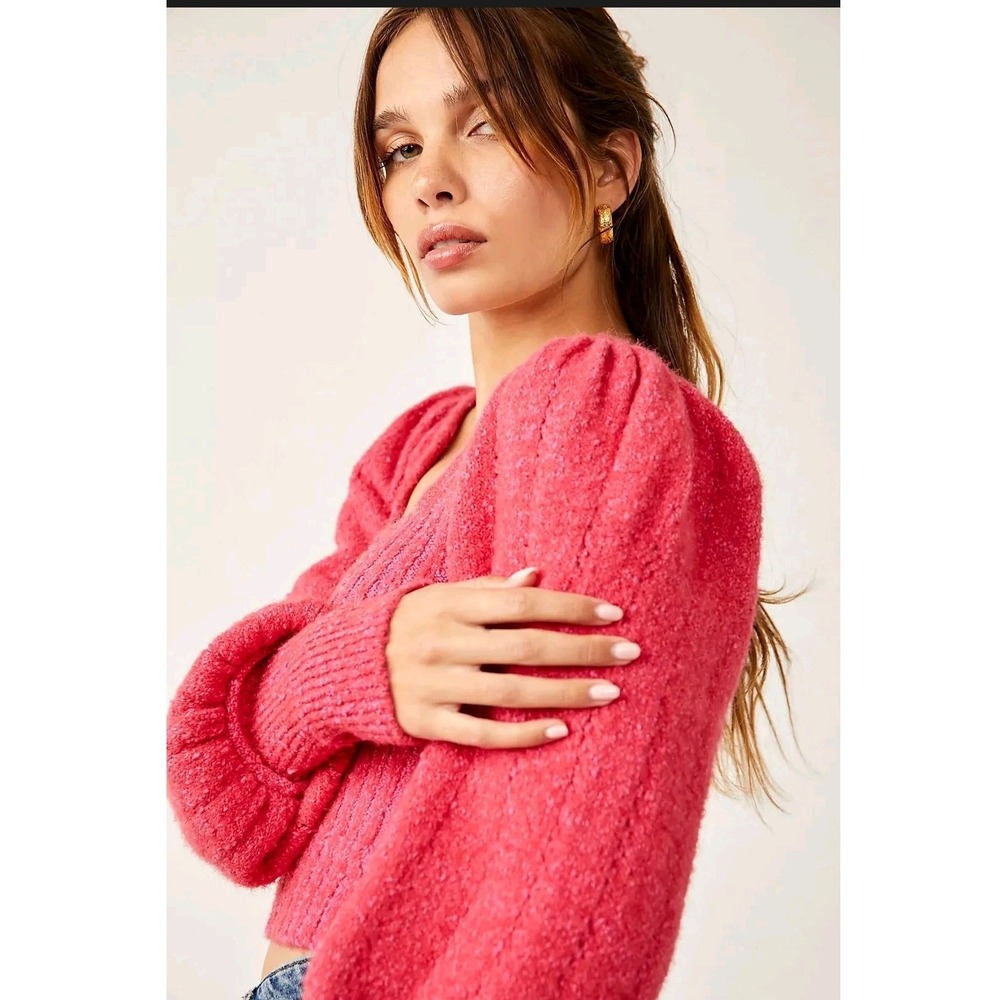 Free People Katie Pullover Sweater Magenta Pink Puff Sleeve Textured Knit Large
